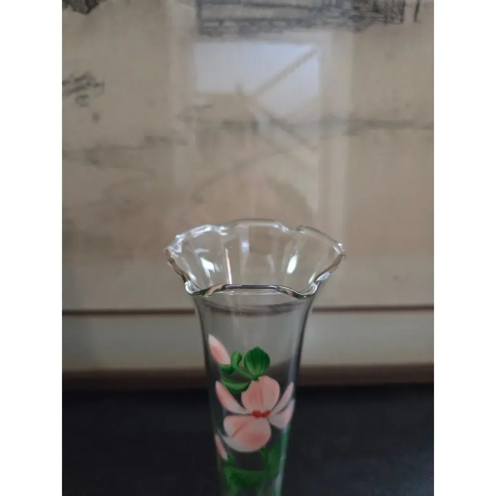 Vintage Bohemian Hand Painted Floral Glass Bud Vase 9.5